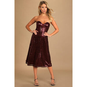 Lulus Boost Your Beauty Wine Red Sequin Strapless Bustier Midi Dress - Size XL